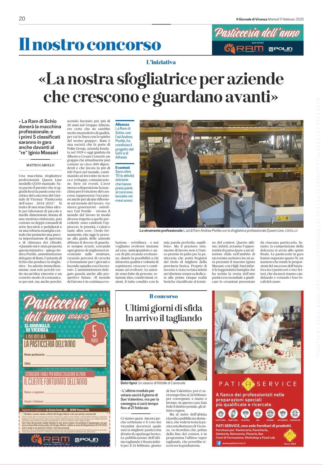 Andrea Pertile, CEO di RAM Srl, accanto alla sfogliatrice professionale Queen Line Q500, macchina donata al concorso “Pasticceria dell’anno 2024/2025” come simbolo di innovazione per i laboratori artigianali.